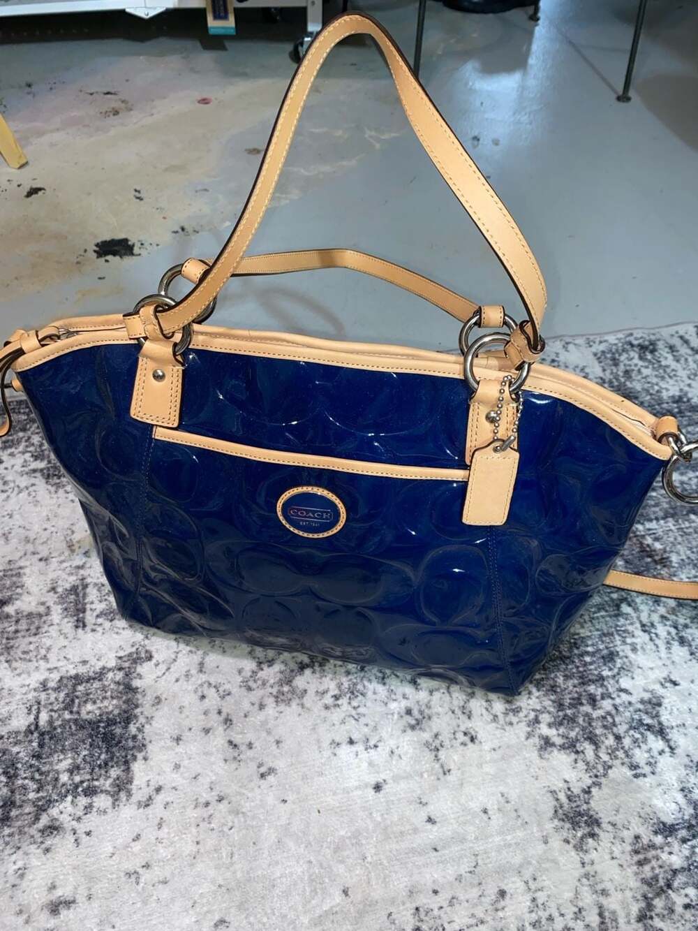 Coach Blue/Beige Patent Leather Peyton Tote
Like New